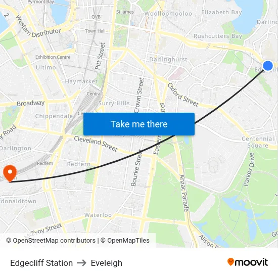 Edgecliff Station to Eveleigh map