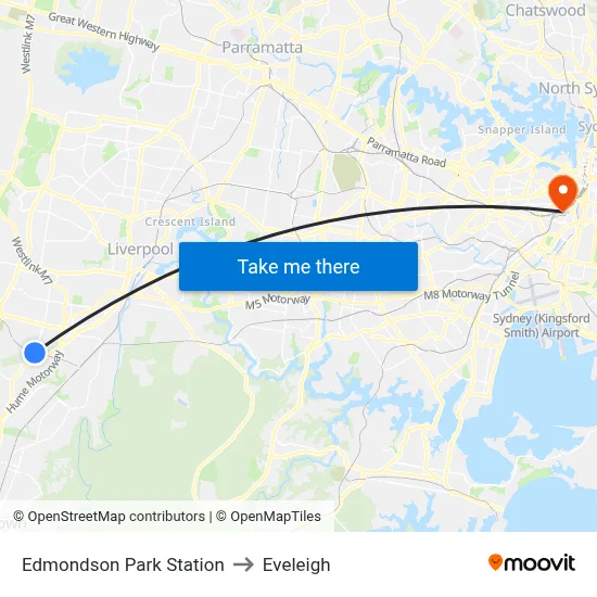 Edmondson Park Station to Eveleigh map