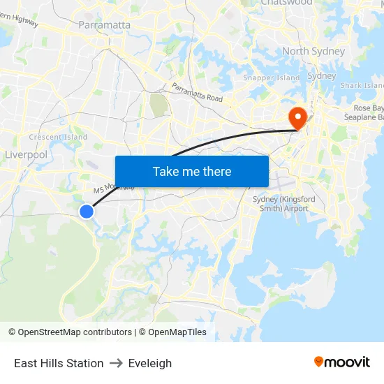 East Hills Station to Eveleigh map
