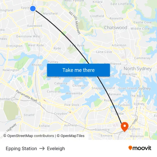 Epping Station to Eveleigh map