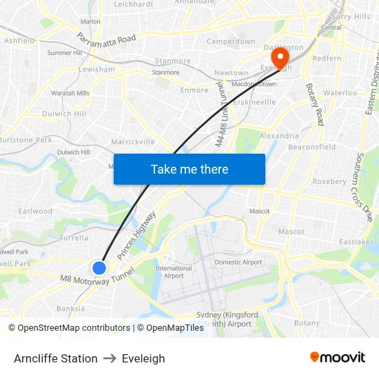 Arncliffe Station to Eveleigh map