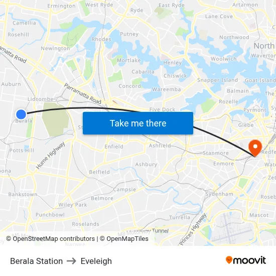 Berala Station to Eveleigh map