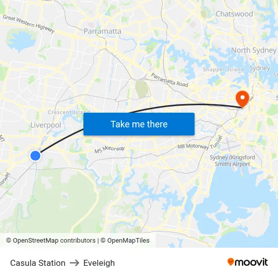 Casula Station to Eveleigh map