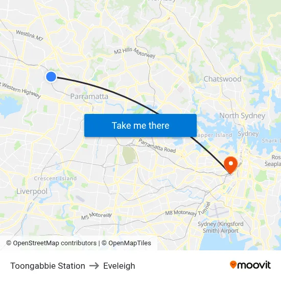 Toongabbie Station to Eveleigh map