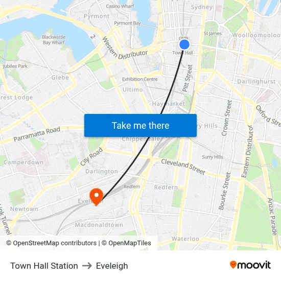Town Hall Station to Eveleigh map