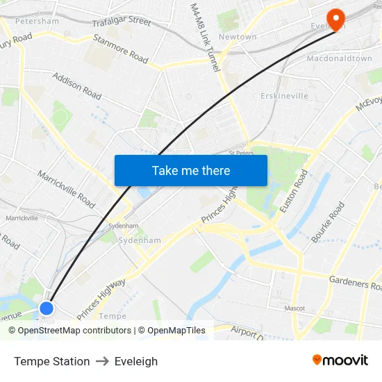 Tempe Station to Eveleigh map