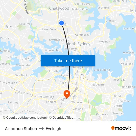 Artarmon Station to Eveleigh map