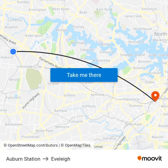 Auburn Station to Eveleigh map