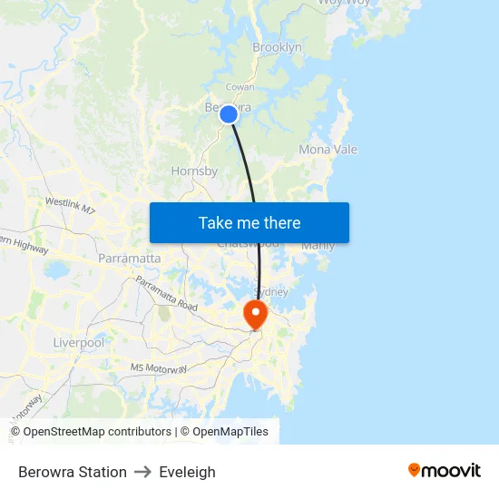 Berowra Station to Eveleigh map