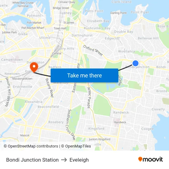 Bondi Junction Station to Eveleigh map