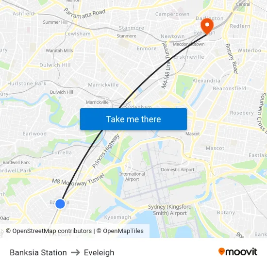 Banksia Station to Eveleigh map