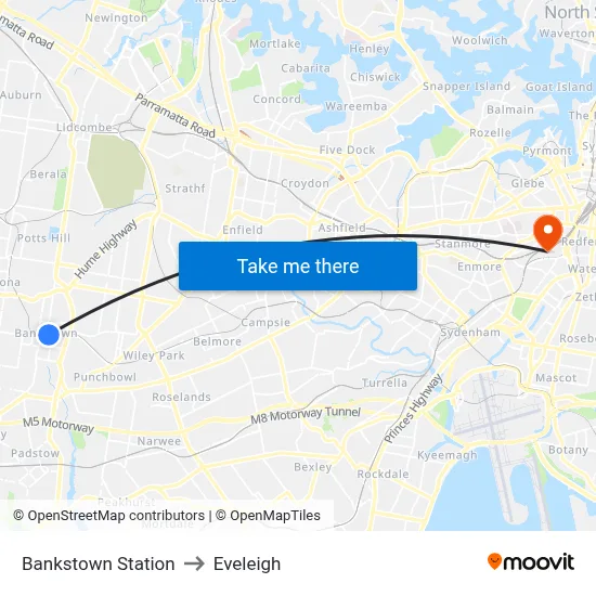Bankstown Station to Eveleigh map