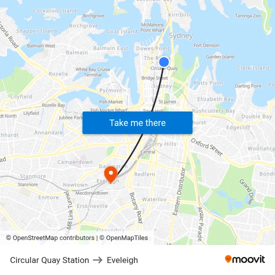 Circular Quay Station to Eveleigh map