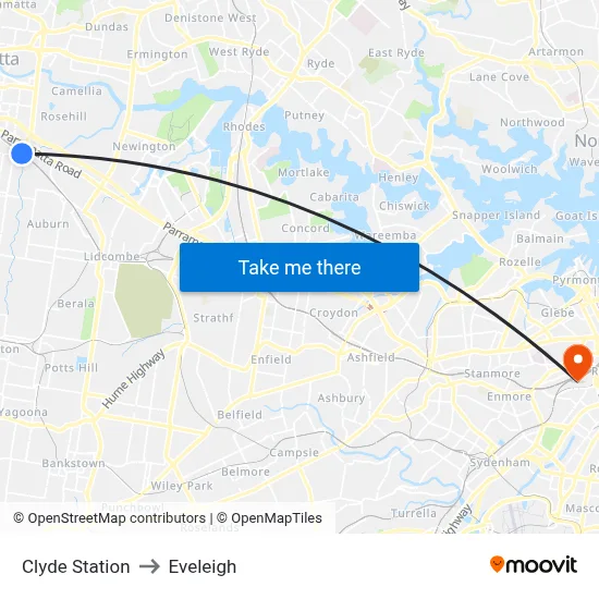 Clyde Station to Eveleigh map