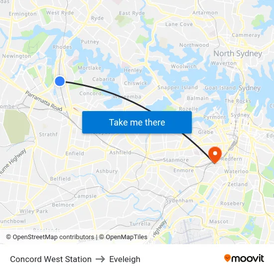 Concord West Station to Eveleigh map