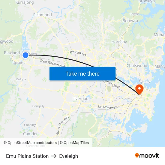 Emu Plains Station to Eveleigh map