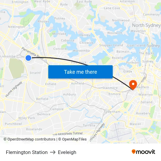Flemington Station to Eveleigh map