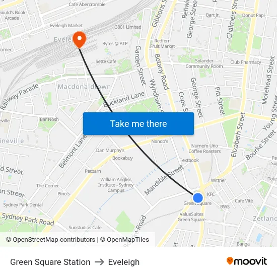Green Square Station to Eveleigh map