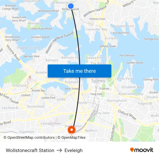 Wollstonecraft Station to Eveleigh map