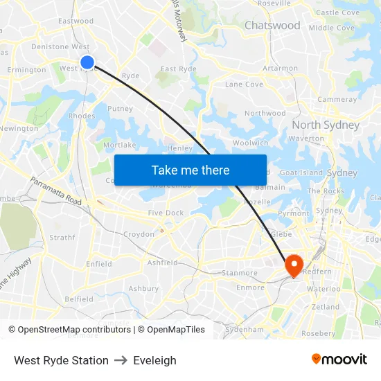 West Ryde Station to Eveleigh map
