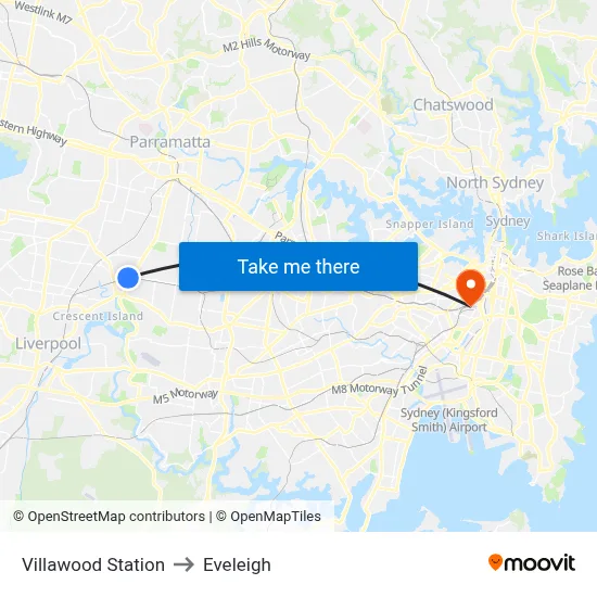 Villawood Station to Eveleigh map