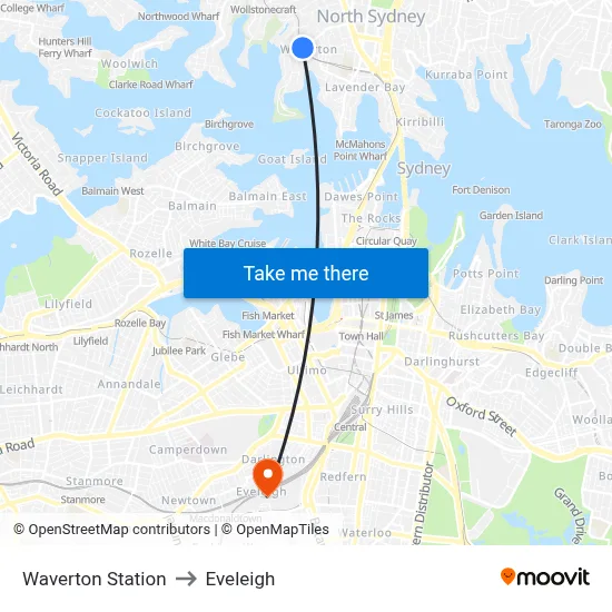 Waverton Station to Eveleigh map