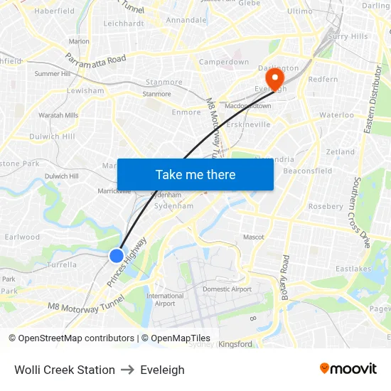 Wolli Creek Station to Eveleigh map