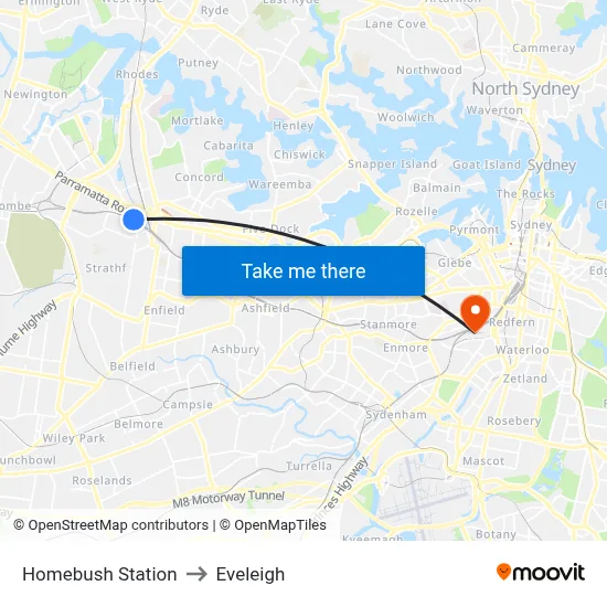 Homebush Station to Eveleigh map