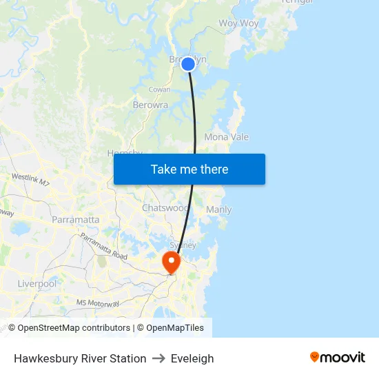 Hawkesbury River Station to Eveleigh map