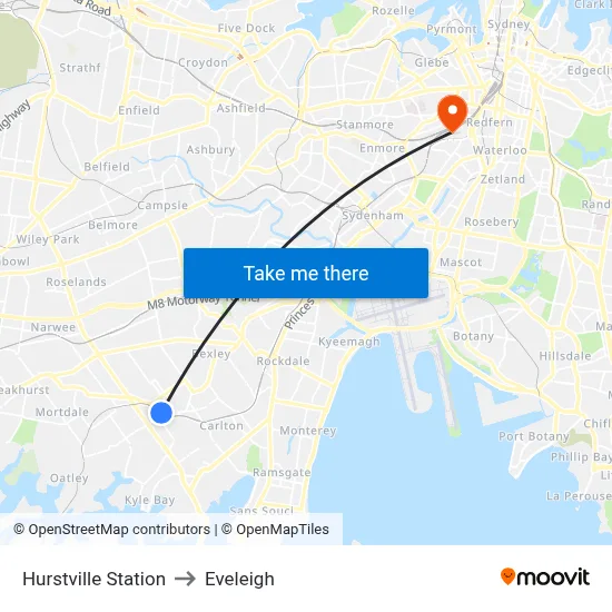 Hurstville Station to Eveleigh map