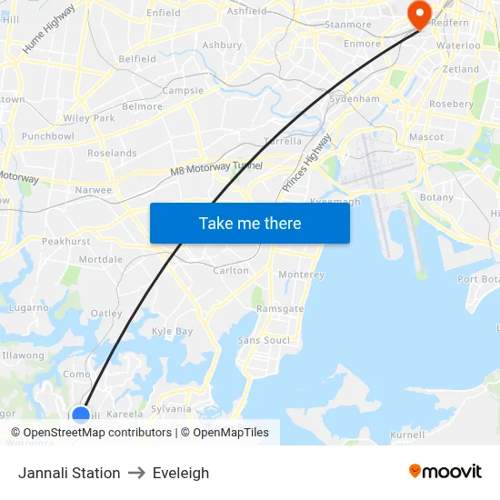 Jannali Station to Eveleigh map