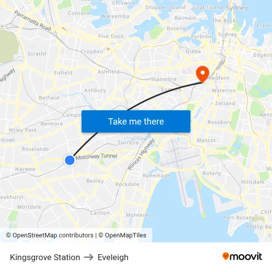 Kingsgrove Station to Eveleigh map
