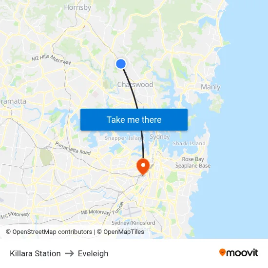 Killara Station to Eveleigh map