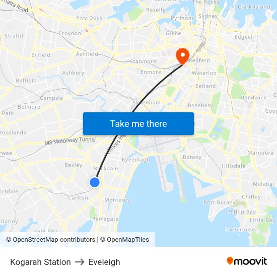 Kogarah Station to Eveleigh map