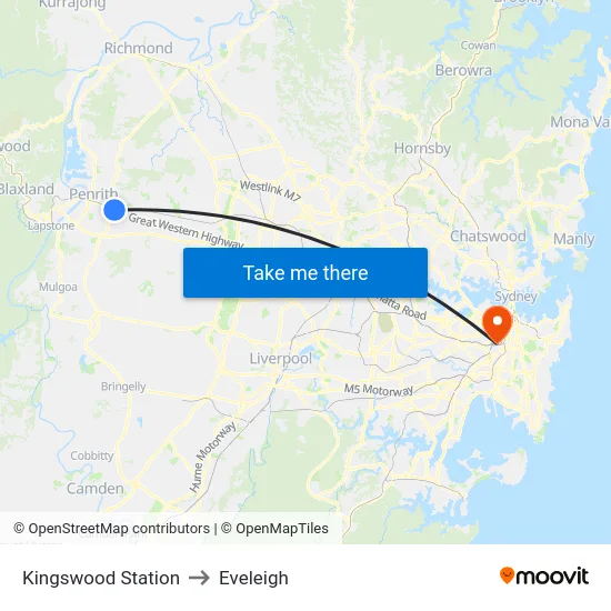 Kingswood Station to Eveleigh map