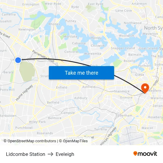 Lidcombe Station to Eveleigh map