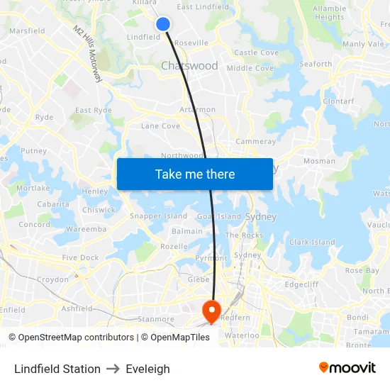 Lindfield Station to Eveleigh map