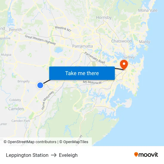 Leppington Station to Eveleigh map