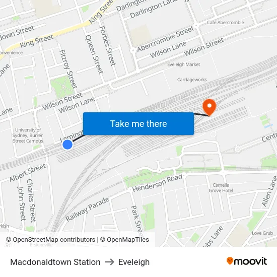 Macdonaldtown Station to Eveleigh map