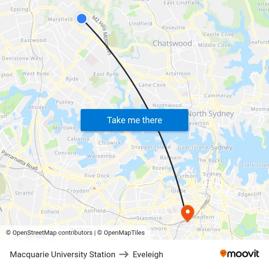 Macquarie University Station to Eveleigh map