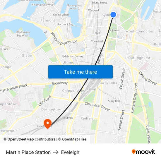 Martin Place Station to Eveleigh map