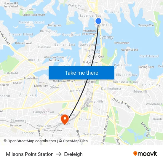 Milsons Point Station to Eveleigh map