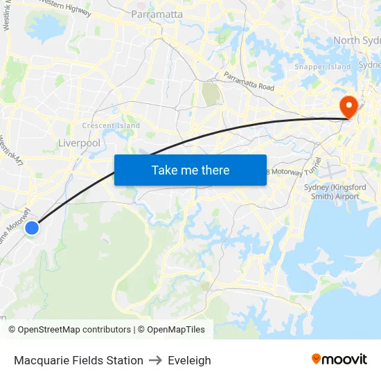 Macquarie Fields Station to Eveleigh map