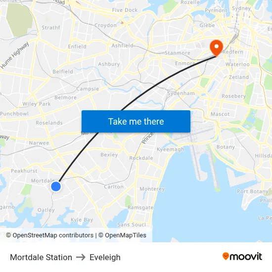 Mortdale Station to Eveleigh map