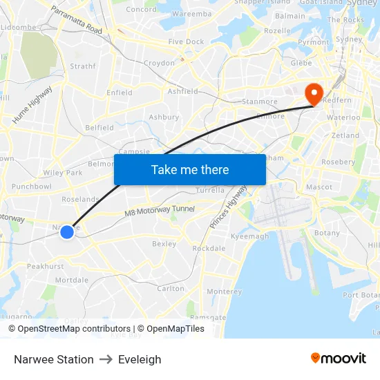 Narwee Station to Eveleigh map