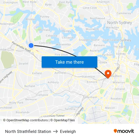 North Strathfield Station to Eveleigh map
