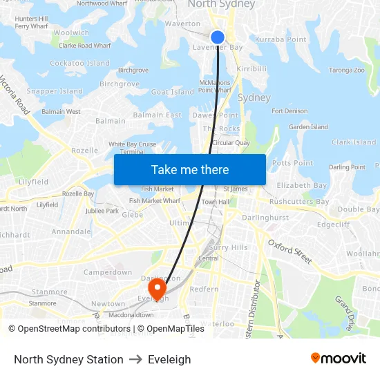 North Sydney Station to Eveleigh map