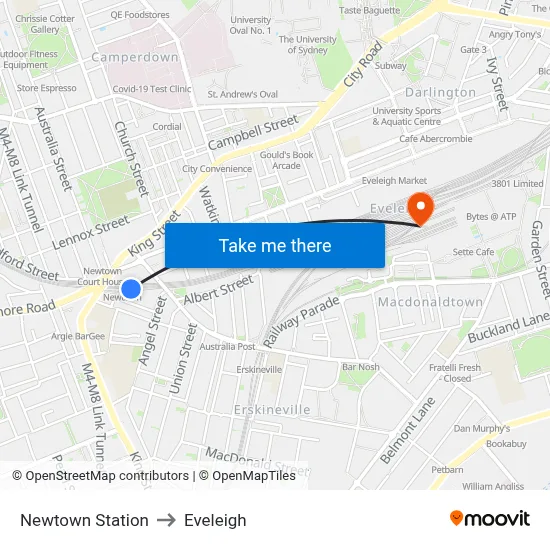Newtown Station to Eveleigh map