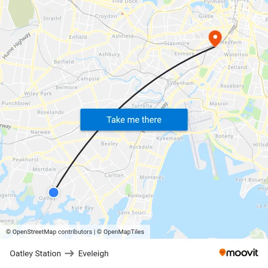 Oatley Station to Eveleigh map