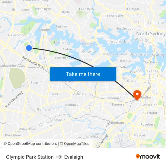 Olympic Park Station to Eveleigh map